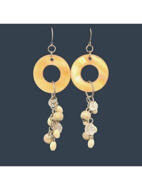 Vintage Round Shell & Bead Dangle Earrings Hook Natural Tones 3 in Boho Hippie